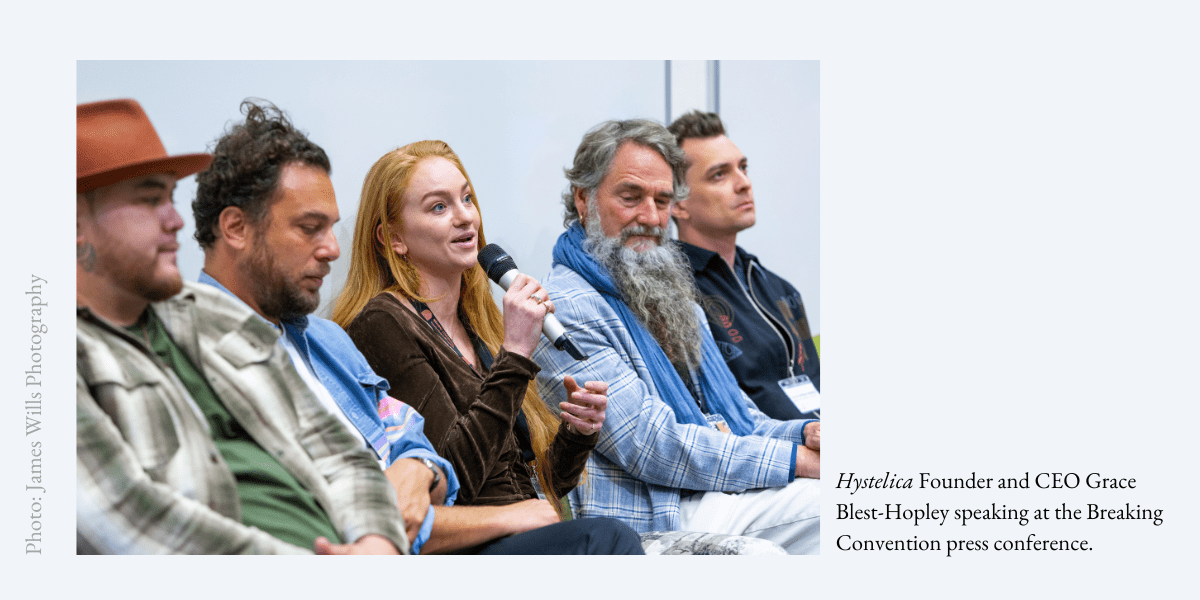 Hystelica Founder and CEO Grace Blest-Hopley speaking at the Breaking Convention press conference