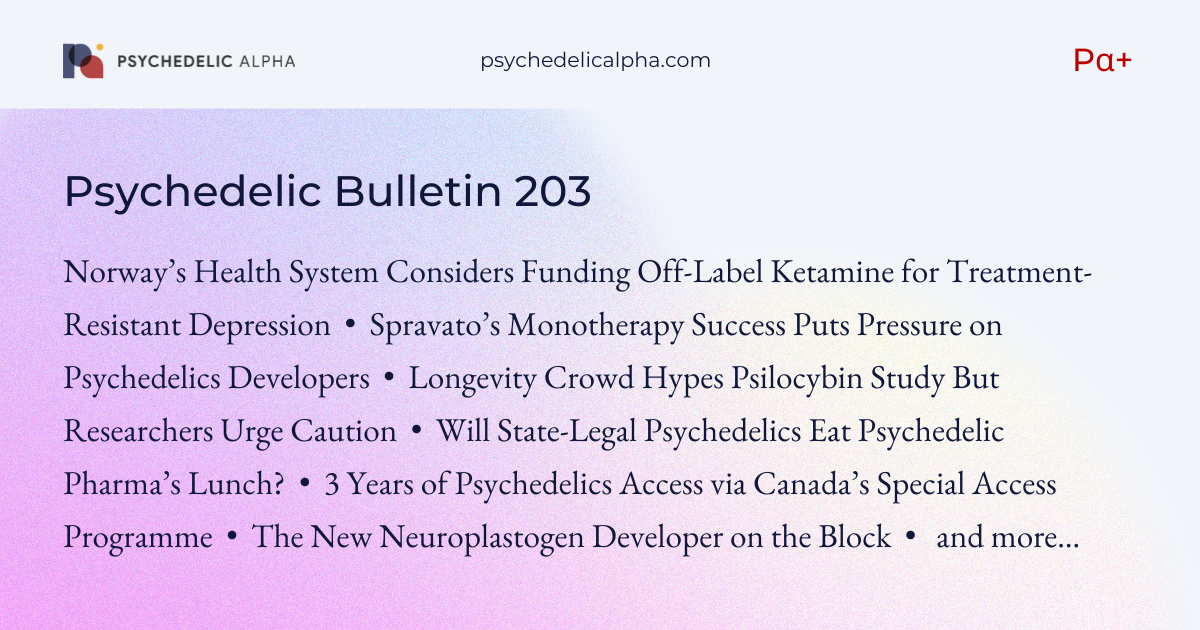 You are currently viewing Pα+ Psychedelic Bulletin #203: Norway Considers Funding Off-Label Ketamine for TRD; Longevity Crowd Hypes Psilocybin Study; Will State-Legal Psychedelics Eat Psychedelic Pharma’s Lunch?