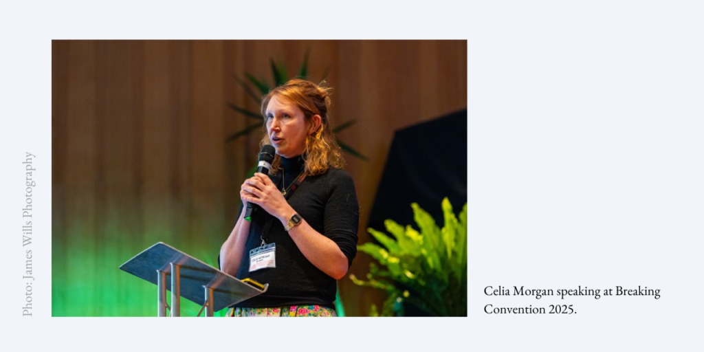 Celia Morgan speaking at Breaking Convention 2025.