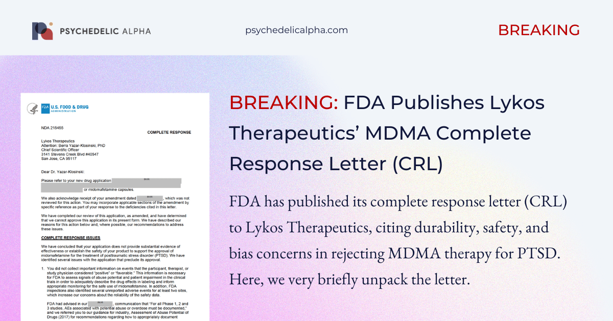 You are currently viewing BREAKING: FDA Publishes Lykos Therapeutics’ MDMA Complete Response Letter (CRL)