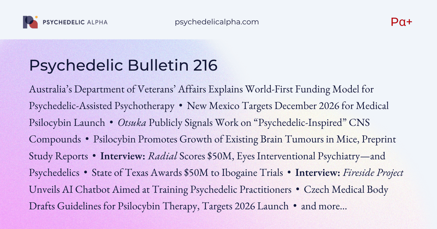 You are currently viewing Pα+ Psychedelic Bulletin #216: Australia’s Psychedelics-for-Veterans Funding; New Mexico Targets 2026 Medical Psilocybin Launch; Radial Scores $50M; Otsuka’s “Novel Serotonergic Agonists”; Psilocybin Accelerates Brain Tumour Growth in Mice; Texas’ $50M Ibogaine Study Consortium