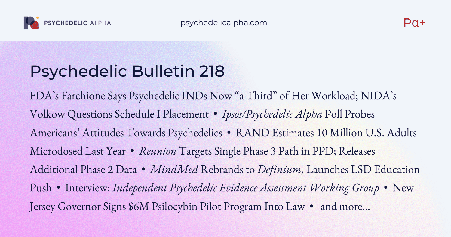 You are currently viewing Pα+ Psychedelic Bulletin #218: FDA’s Farchione Says Psychedelic INDs Are “a Third” of Her Workload; Ipsos/Psychedelic Alpha Poll; Reunion Eyes Single Phase 3 in PPD; America’s 10 Million Microdosers